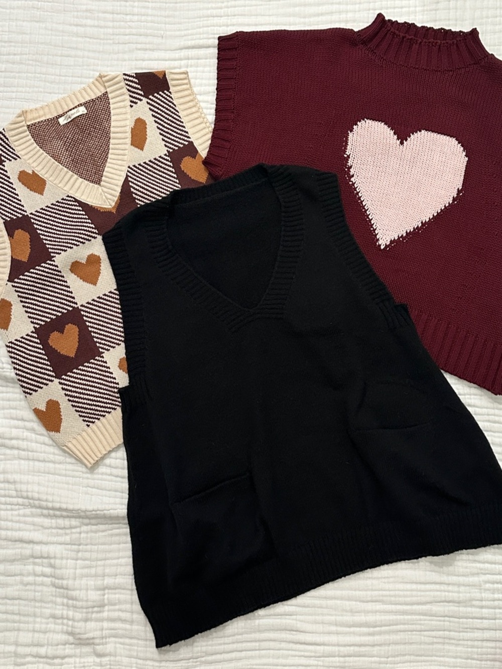 BUNDLE Sweaters cute Black V-Neck hearts brown and burgundy fun lot